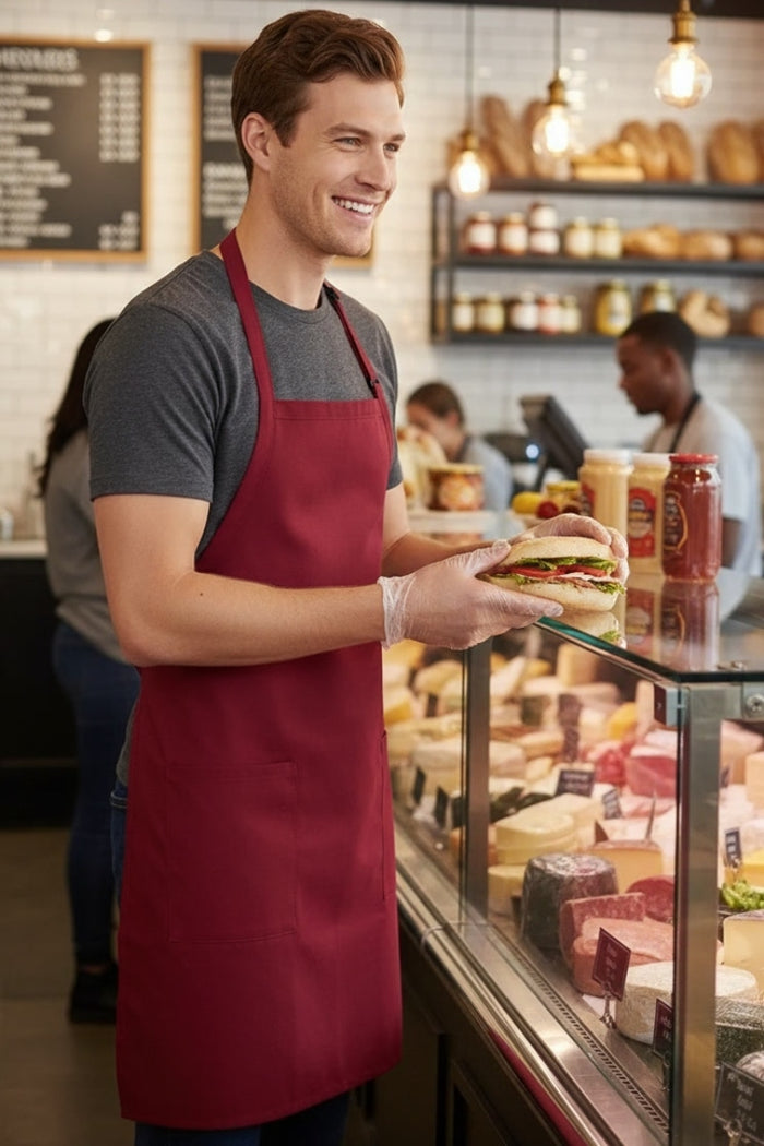 Fame Burgundy Bib Adjustable Apron (2-Patch Pockets)