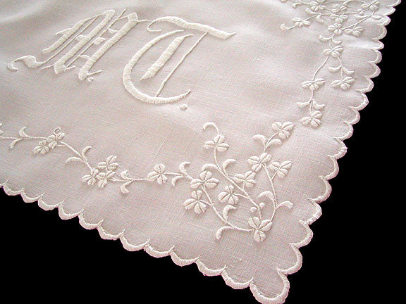 c1900 Whitework Embroidery Monogram Centerpiece Doily 15x19
