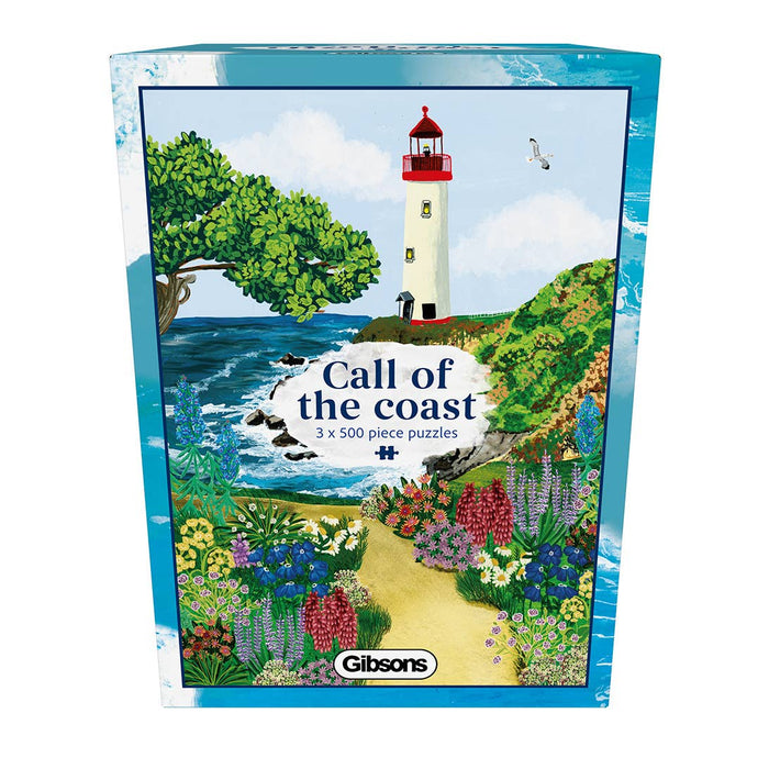 Call of the Coast by Gibsons Games: a set of three 500-piece coastal jigsaw puzzles featuring lighthouses, ocean views, flowers, and seagulls. Artwork by Abby Jacobs.