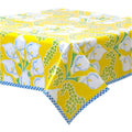 freckled sage calla lily yellow oilcloth tablecloth with blue gingham trim