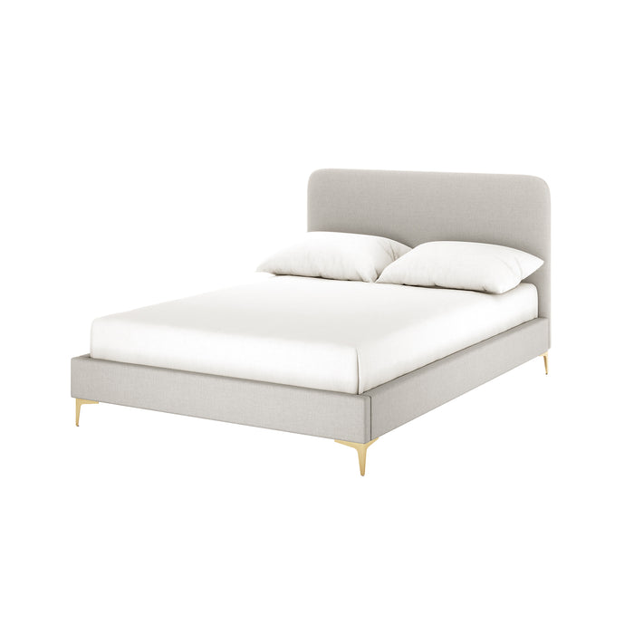 Cammie grey linen fabric double bed frame with curved headboard and gold legs