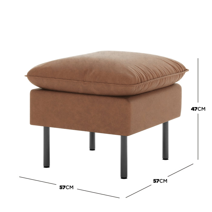 Cassian PU Leather Ottoman in Chocolate Brown with a plush cushion and slim black metal legs, measuring 57 cm square and 47 cm high. Ideal for relaxation and versatile placement in any room.