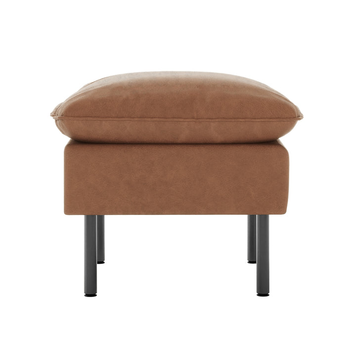 Cassian PU Leather Ottoman in Chocolate Brown features a plush, rectangular cushion and rests on slender black metal legs, offering a sleek, versatile design ideal for enhancing any room's style.
