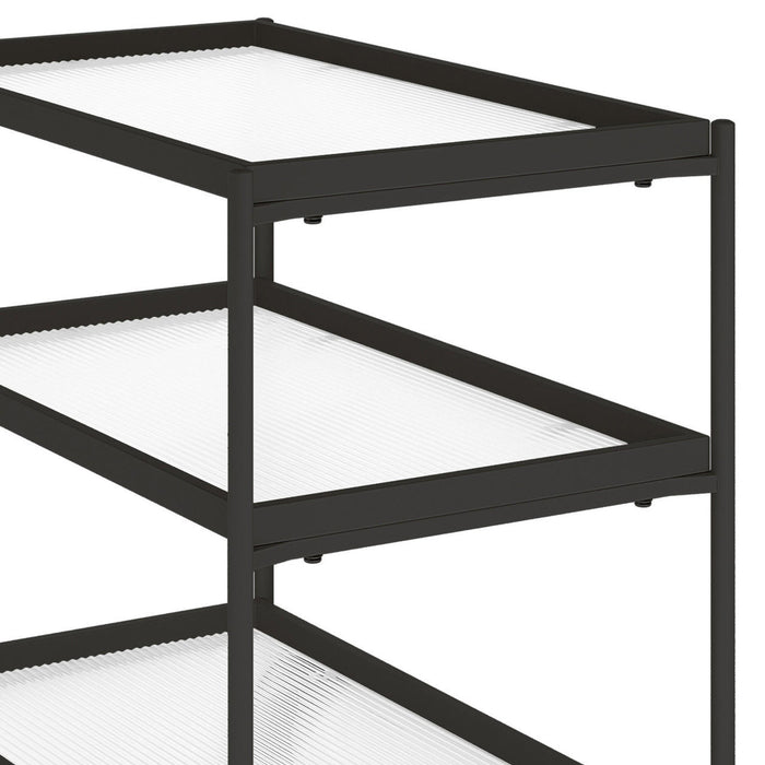 Chelsea 3-Tier Fluted Glass Drink Cart Bar Trolley in Black; close-up of the black metal frame with three clear, ridged glass shelves, designed for displaying spirits and glassware.