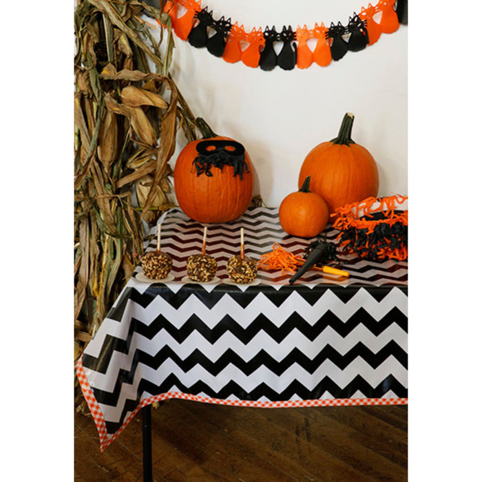 freckled sage chevron black oilcloth tablecloth with orange gingham trim