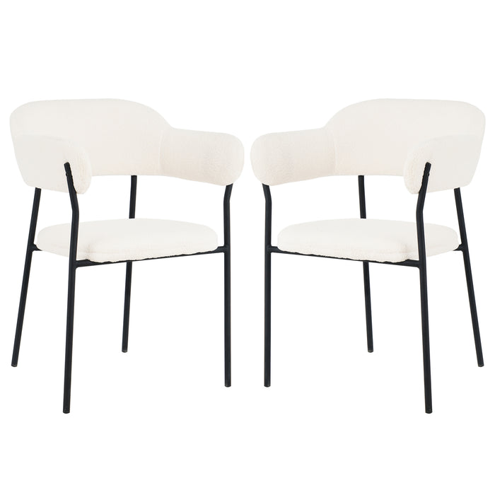 Clavin Boucle Dining Chair Set of 2 in Cream White, featuring softly curved off-white bouclé upholstery with slim black metal legs, offering a modern and elegant touch to any dining space.