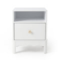White modern nightstand with open shelf and gold knob on white background