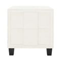 Crossandra Boucle Bedside Table in Cream White, showcasing a cube-shaped design with off-white bouclé fabric in a 3×3 panel grid, on four dark-stained wooden legs, perfect for modern bedrooms.