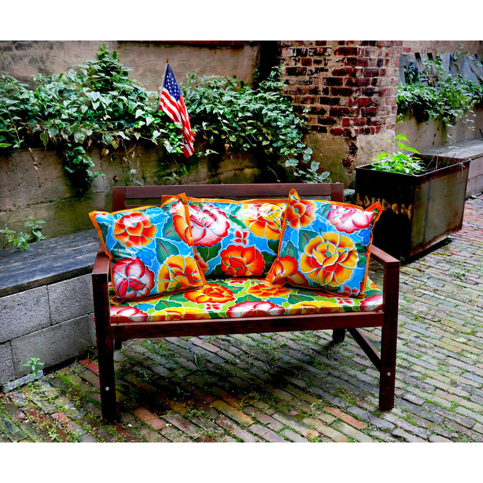 freckled sage bench cushion and pillows in sage's garden