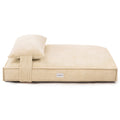 Dax Extra Large Corduroy Dog Bed – Beige Comfort, featuring plush cushioning and bolstered edges for neck support, suitable for large breeds. Close-up highlights durable corduroy texture and non-slip base.