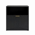 Centered black modern nightstand on a white background