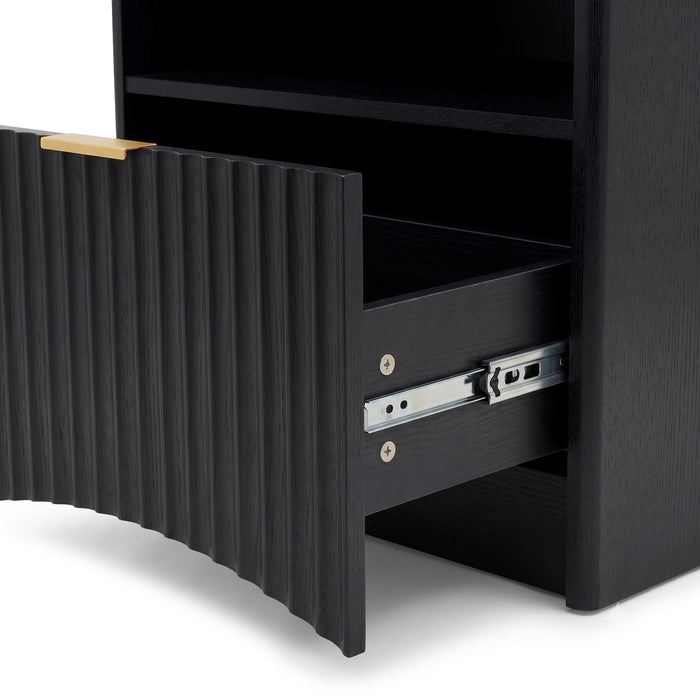 Close-up of a black nightstand drawer partially opened with visible slide rail mechanism