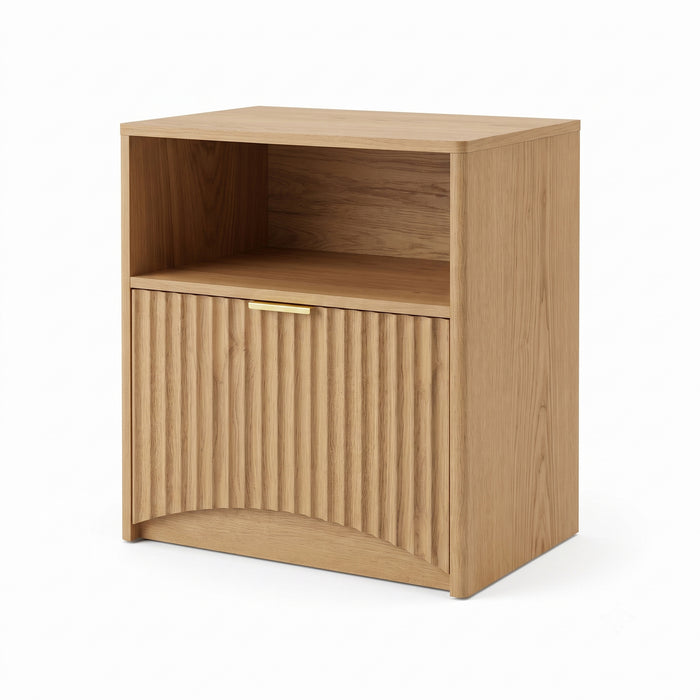 Natural wood nightstand with open shelf and fluted lower door on a white background.