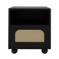 Dialga 45cm Rattan Bedside Table with Storage in Natural, featuring an open cubby, lower cane webbing arch drawer, and four ball feet, blending modern elegance with functional design.