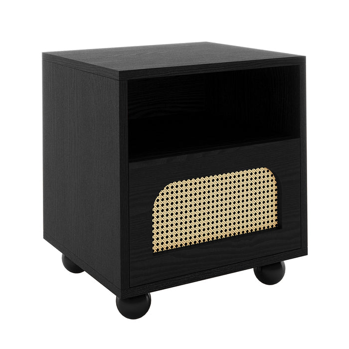 Dialga 45cm Rattan Bedside Table with Storage in Natural features a cube design with caster wheels, an open shelf, and a stylish woven cane-front drawer for modern elegance and functionality.