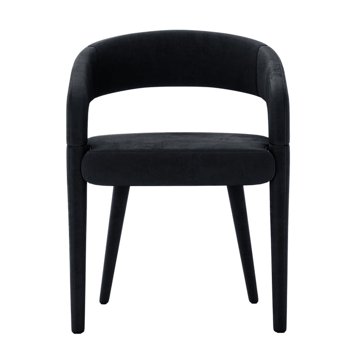 Eisha Velvet Bar Stool Set of 2 featuring black velvet upholstery, wooden legs, and a sleek design with curved backrest and built-in footrest, ideal for modern dining spaces or kitchen islands.