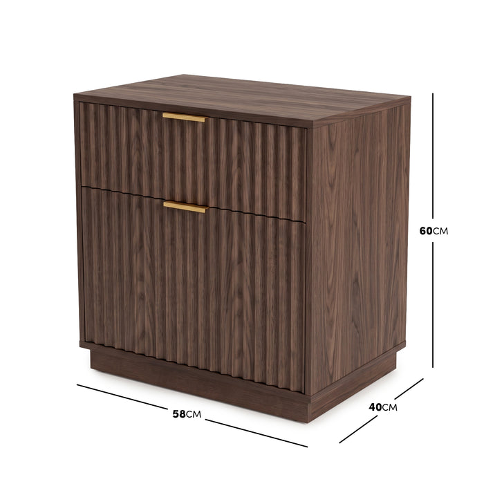 Modern walnut cabinet with dimensions shown on a white background