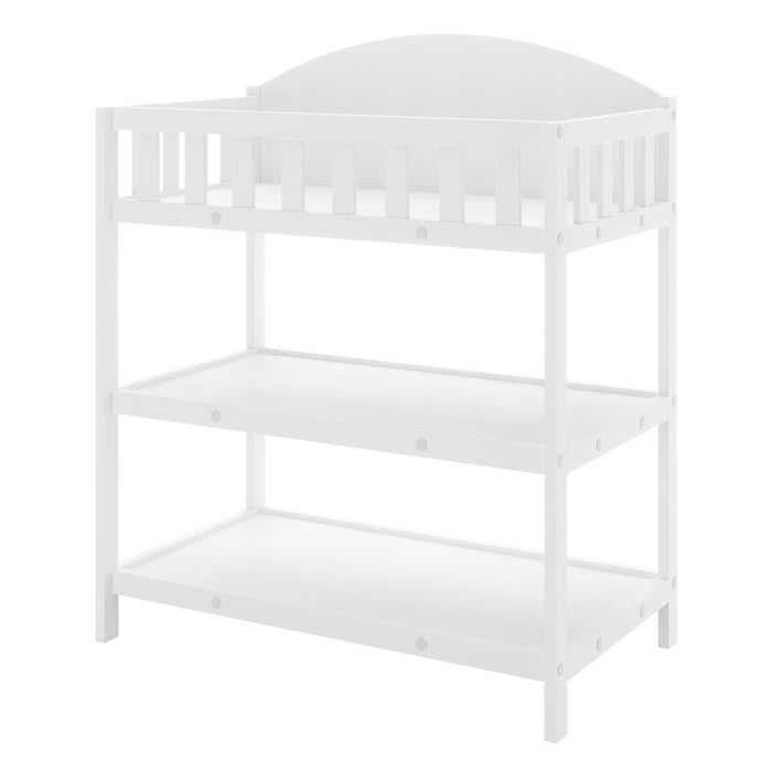 Elisabeth Solid Pine Baby Change Table with Storage in White features a sleek design with a three-tier structure, including a top shelf with guard rails and two open shelves underneath.