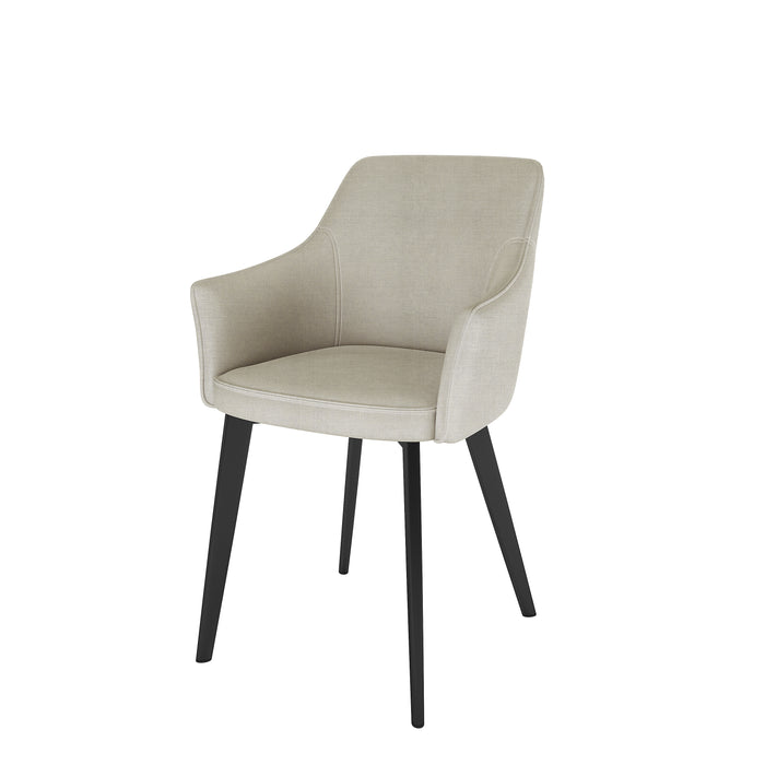 Ella Linen Dining Chair Set of 2 in Cream White features a modern design with upholstered, gently curved armrests and a light-beige seat on sleek black legs, perfect for contemporary dining rooms.