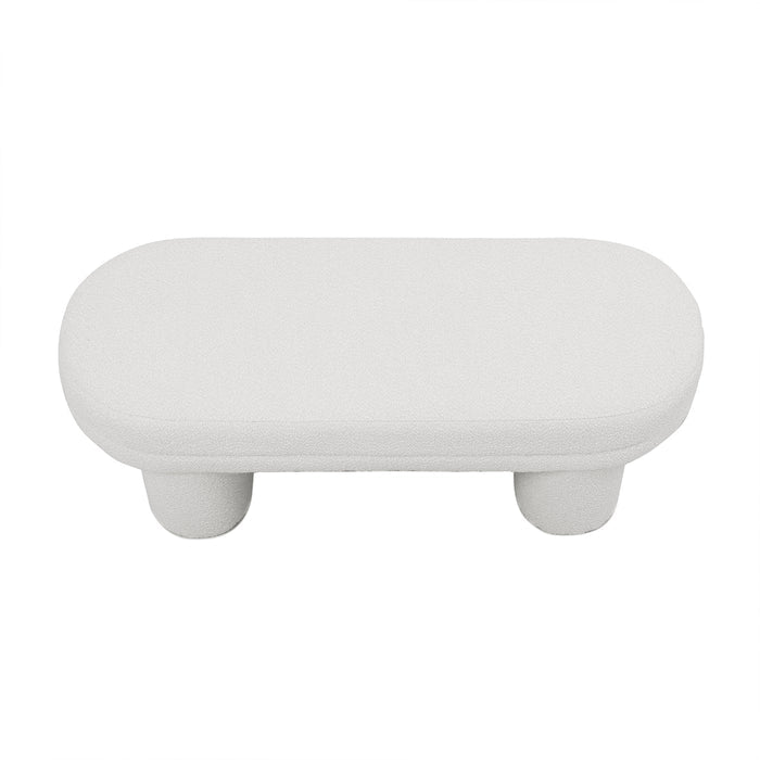 Elzan Bouclé Upholstered Bench Eggshell White, featuring a sleek curved design with legs, wrapped in textured bouclé fabric. Ideal for modern interiors, offering plush comfort and sturdy support.
