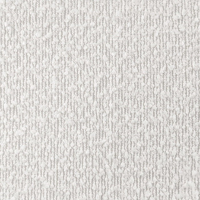 Elzan Bouclé Upholstered Bench Eggshell White features a close-up of its luxurious bouclé fabric, highlighting the textured surface and plush padding, showcasing its modern design and elegant sculptural silhouette.