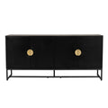 Erick 160cm 4-Door Storage Sideboard Buffet in Black, features a modern design with four push-to-open doors, circular gold-tone pulls, and sturdy T-shaped metal legs.