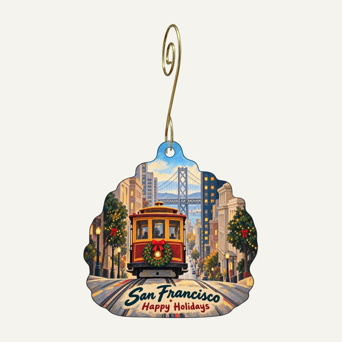 Exploratorium Store Christmas custom wood ornament OC96 hanging on hook