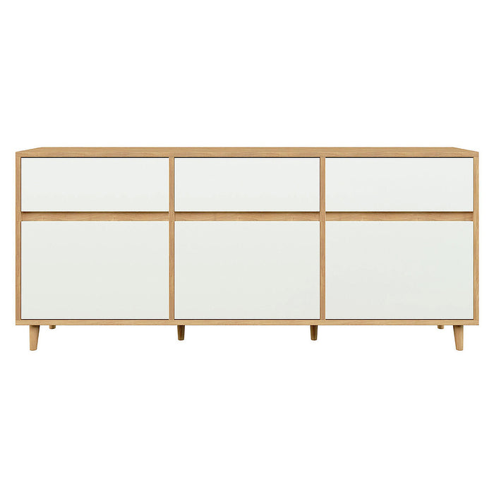 Ezra 6 Drawer Buffet Unit Natural/White features a sleek design with a white matte finish and wood accents. It includes three top drawers and three larger bottom drawers, ideal for versatile storage.
