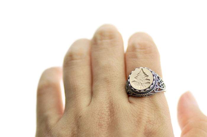 Fern Signet Ring - Backtozero B20 - 12l, 12mm, 12mm ring, Botanical, Crown, her, lace, Leaf, Nature, plane, ring, Royal, signet ring, size 10, size 7, size 8, size 9, wax seal, wax seal ring