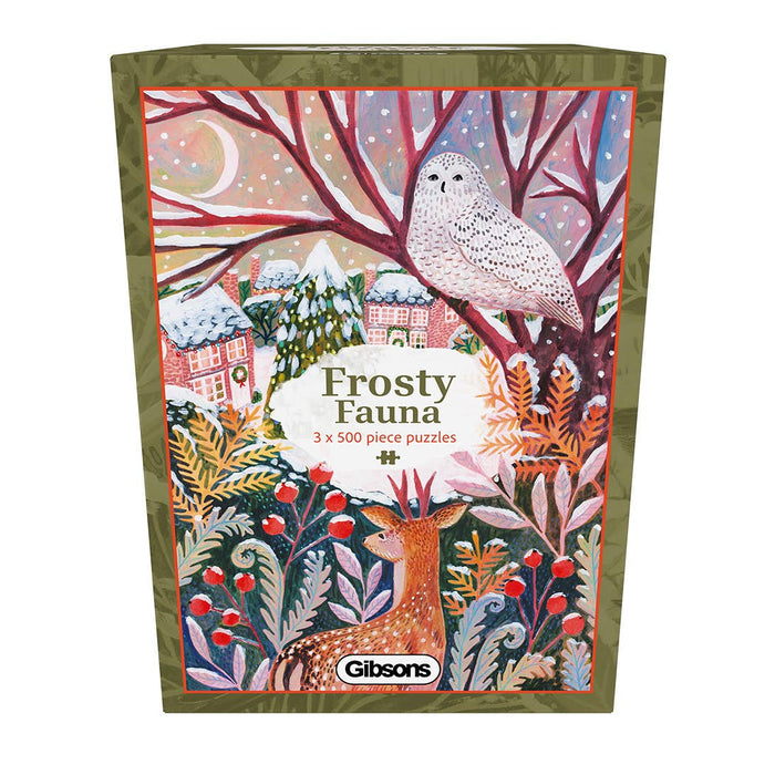 The Gibsons Games Frosty Fauna set includes 3 x 500-piece recycled cardboard jigsaw puzzles, each featuring illustrated winter wildlife such as a white owl, deer, and snowy houses in the background.
