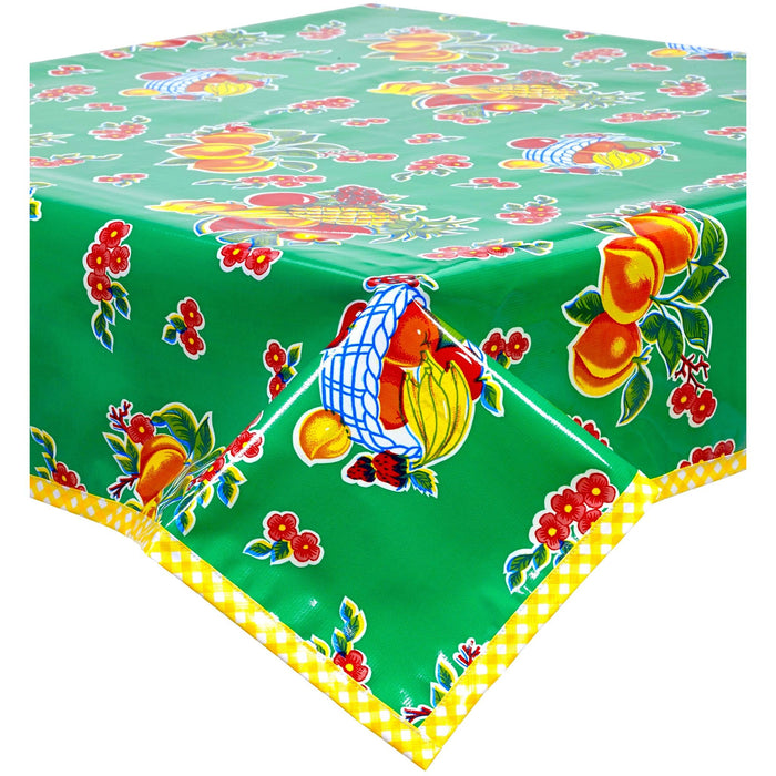 freckled sage fruit basket green oilcloth tablecloth with yellow gingham trim