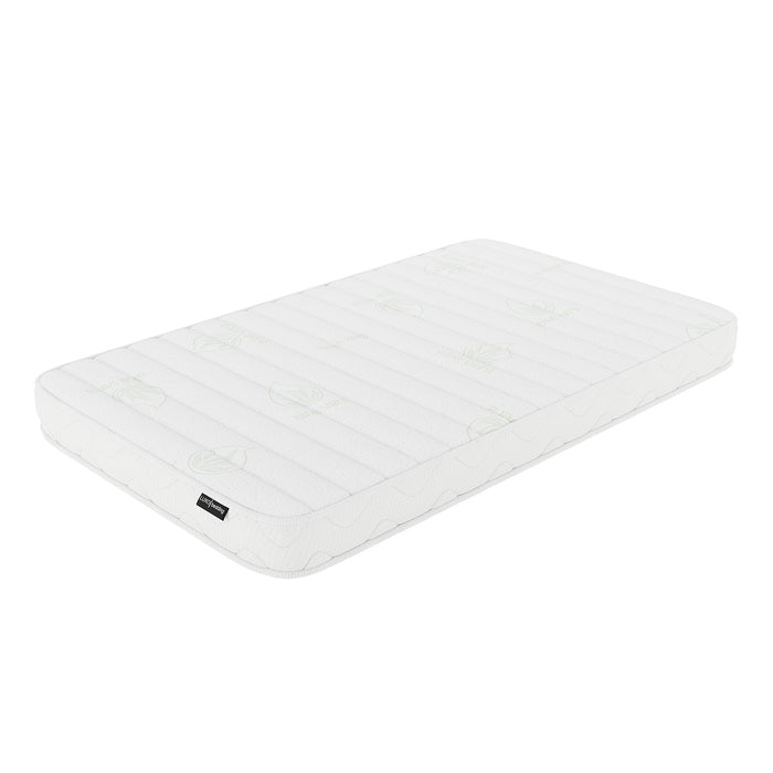 Azeem Baby Cot with Gettel 10cm Nursery Mattress, featuring a white, quilted foam mattress adorned with aloe-leaf logos and a black LUX tag, offers a clean and supportive sleep solution.