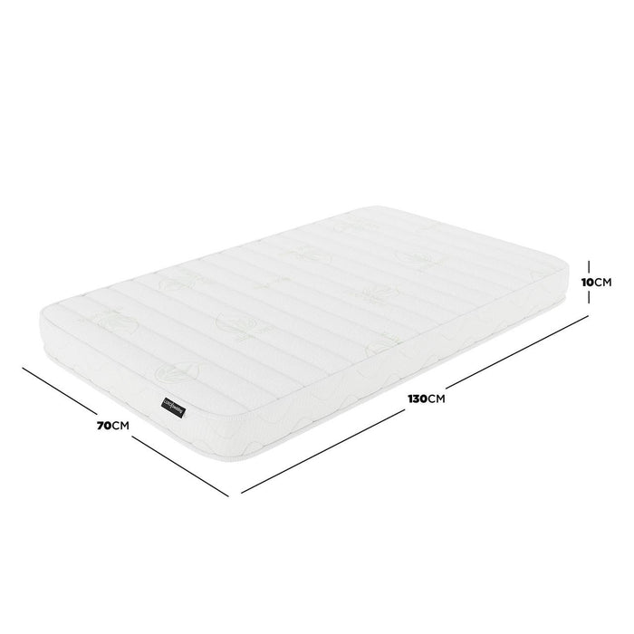 Gettel 10cm High-Density Foam Knitted Nursery Cot Mattress, 130 x 70 x 10cm, featuring quilted Aloe Vera fabric, ideal for toddlers, shown with dimension highlights. - Dimensions