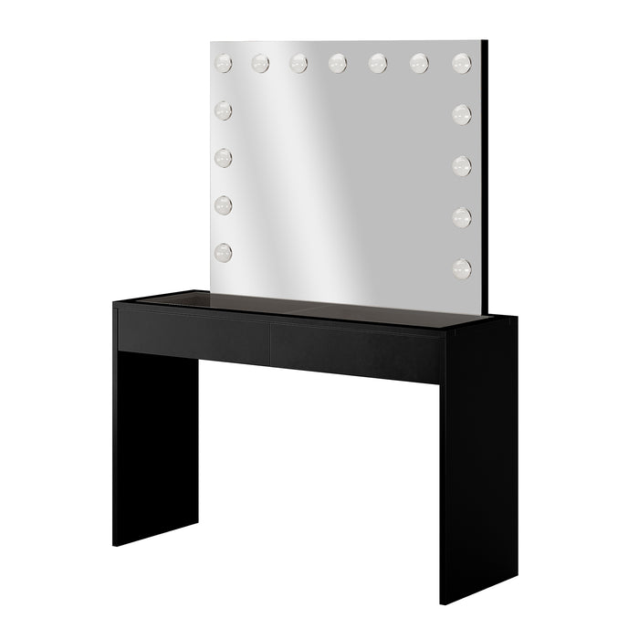 Gianna Hollywood LED Mirror Dressing Table - Black featuring a large LED mirror with 15 lights, sleek glass top, and two spacious drawers on a stylish black vanity.