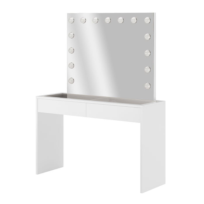 Gianna Hollywood LED Mirror Dressing Table - White featuring a large LED mirror with adjustable lighting and two spacious drawers for makeup storage, offering a sleek and modern design.
