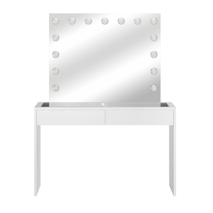 Gianna Hollywood LED Mirror Dressing Table - White; features a sleek design with a large LED mirror, two drawers for storage, and a modern glass top, ideal for makeup organization.