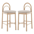 Gilles Linen Arched Bar Stool Set of 2 - Beige, features a close-up view of the arched backrest and sleek metal frame with wood accents, highlighting its modern design and comfortable padding.