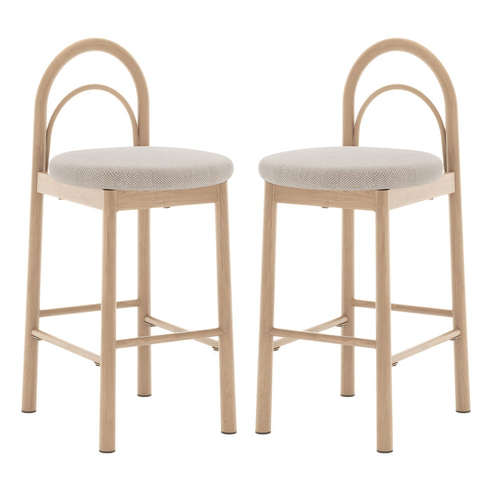 Gilles Linen Arched Bar Stool Set of 2 - Beige, features a close-up view of the arched backrest and sleek metal frame with wood accents, highlighting its modern design and comfortable padding.