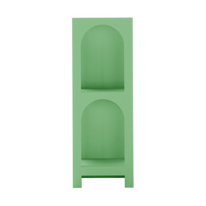 Gilbert 100cm Tall Side Shelf - Mint Green features a mint-green, narrow shelving unit with two arched, open compartments, perfect for small-space storage. It stands on short, square legs.