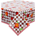 freckled sage gingham and fruit brown oilcloth tablecloth with red gingham trim