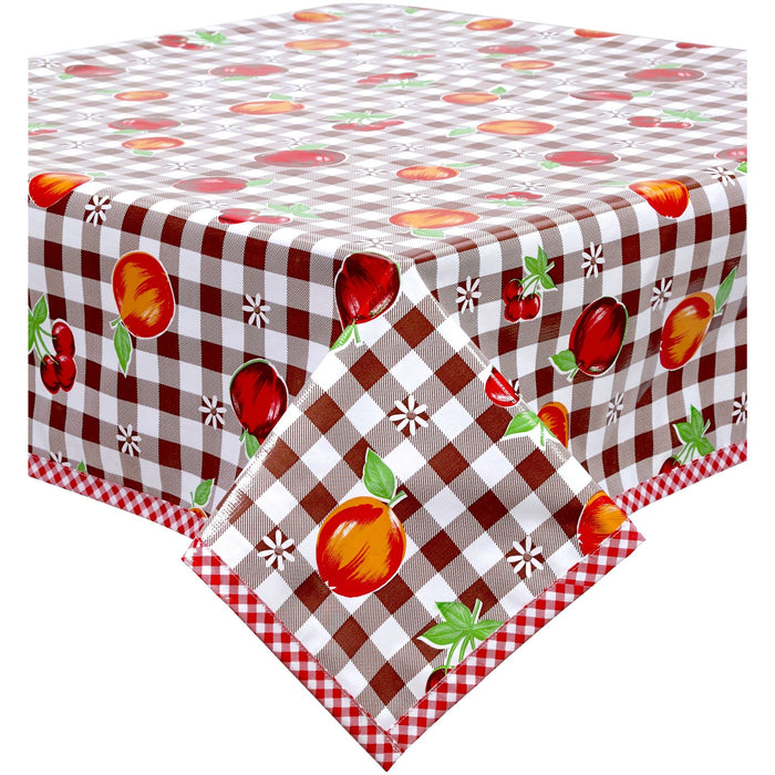 freckled sage gingham and fruit brown oilcloth tablecloth with red gingham trim