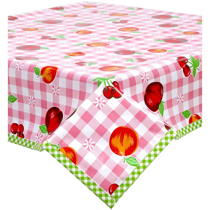 freckled sage gingham and fruit pink oilcloth tablecloth with lime green gingham trim