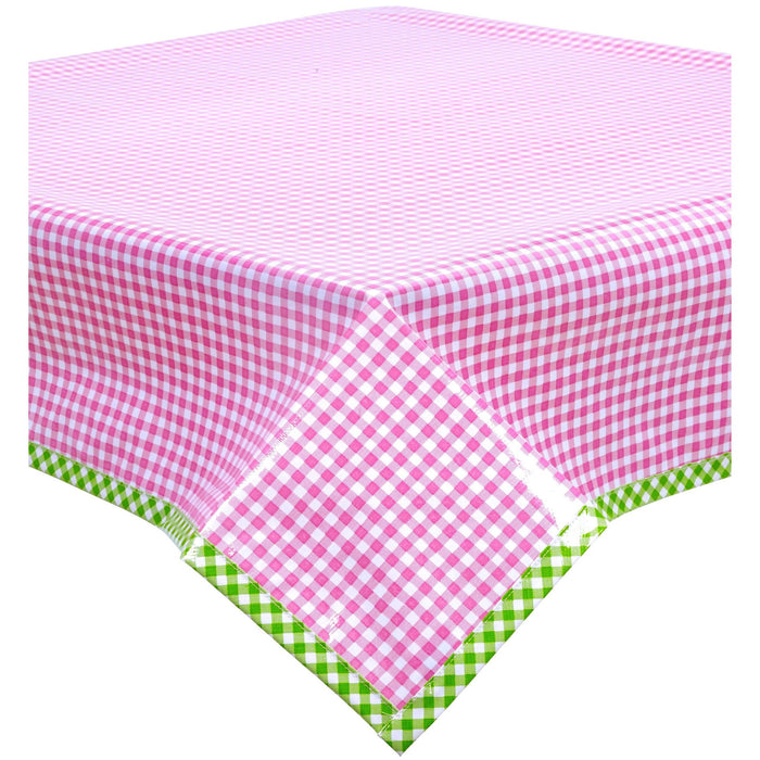 freckled sage gingham pink oilcloth tablecloth with lime green gingham trim