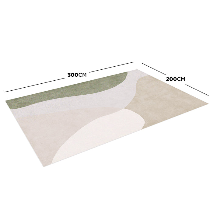 Gonas 200x300cm Large Abstract Indoor Floor Rug features flowing abstract shapes in muted tones, offering a plush texture. The dimensions are clearly indicated at the edges.