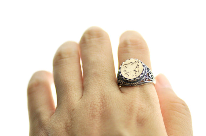 Griffin Signet Ring - Backtozero B20 - 12l, 12mm, 12mm ring, accessory, Fleur de Lis, her, Heraldic, jewelry, lace, Mythical Creatures, ring, signet ring, size 10, size 7, size 8, size 9, wax seal, wax seal ring, wax seal stamp