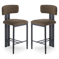 Haleo Curved Boucle Fabric Barstool Set of 2 features black metal frames with footrests, curved backrests, and textured brown upholstered seats, offering stylish comfort for counter-height seating.