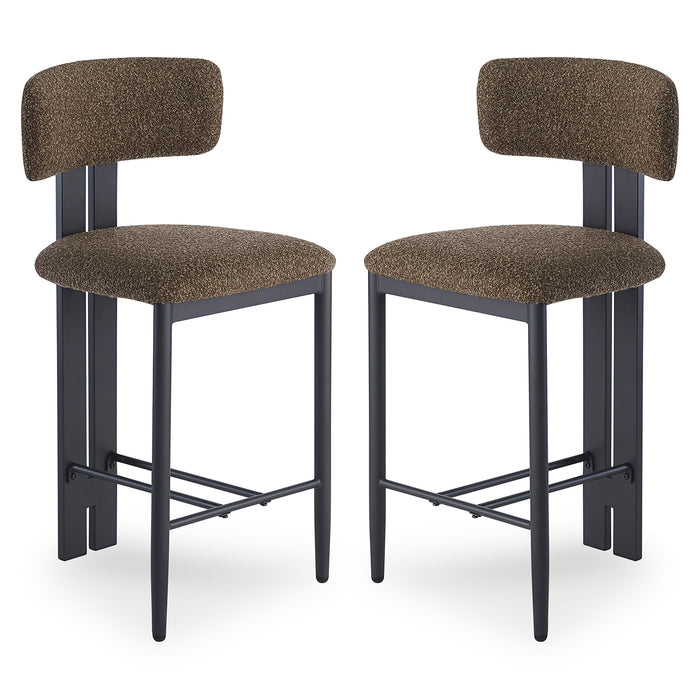 Haleo Curved Boucle Fabric Barstool Set of 2 features black metal frames with footrests, curved backrests, and textured brown upholstered seats, offering stylish comfort for counter-height seating.