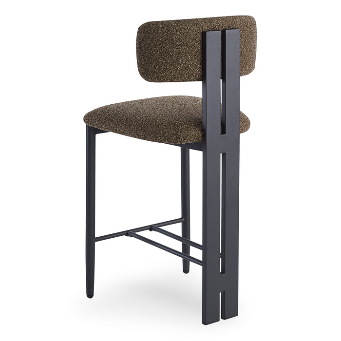 Haleo Curved Boucle Fabric Barstool Set of 2 in Rust Brown features a slim black metal frame, textured upholstery, curved backrest, and wood-look metal legs, providing stylish comfort for kitchen counters.