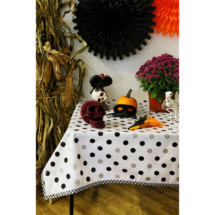 freckled sage big dot black and silver oilcloth tablecloth with black gingham trim styled for halloween