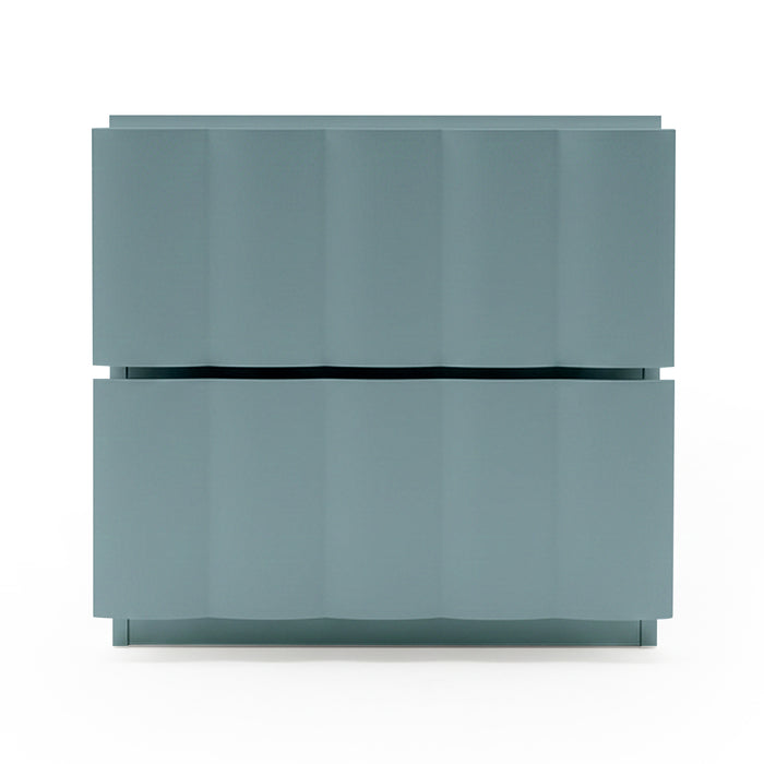 Hamish 2 drawer fluted bedside table in sage with horizontal gap between drawers